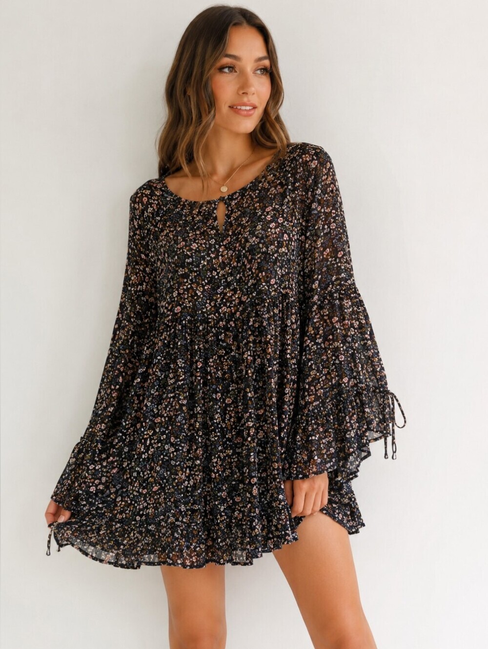 BERSHKA Boho Floral Romper Size M Sheer Overlay Lace Trim Tie Sleeves